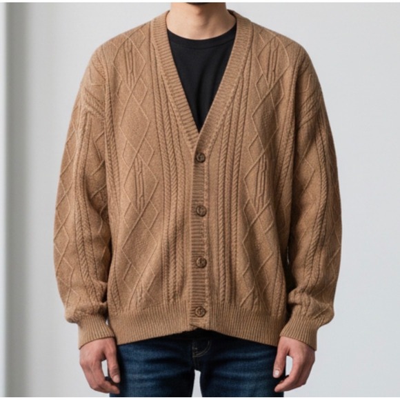 Vittorio Rocchetti Milano Mens L 100% Camel Hair Cable Knit Cardigan Sweater Tan